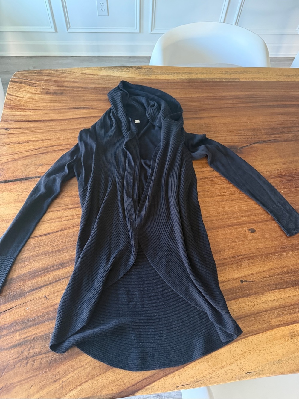White House Black Market Black Ribbed Hooded Open Cardigan
